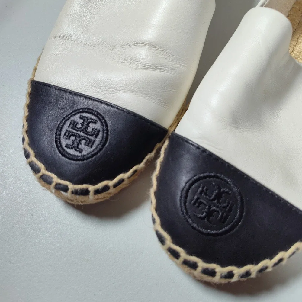 Tory Burch Leather Espadrille Flats Cream Black Logo Cap Toe Slip On Shoes Sz 7